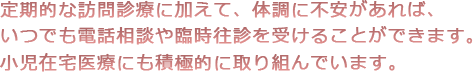 定期的な訪問診療に加えて、体調に不安があれば、いつでも電話相談や臨時往診を受けることができます。小児在宅医療にも積極的に取り組んでいます。