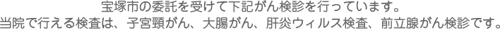 宝塚市の委託を受けて下記がん検診を行っています。当院で行える検査は、子宮頸がん、大腸がん、肝炎ウィルス検査、前立腺がん検診です。